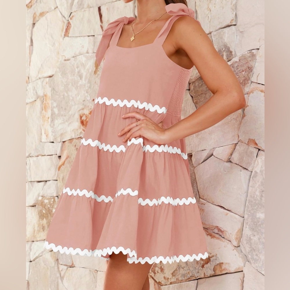 Blush Pink and White Tiered Tie-Shoulder Flowy Dress